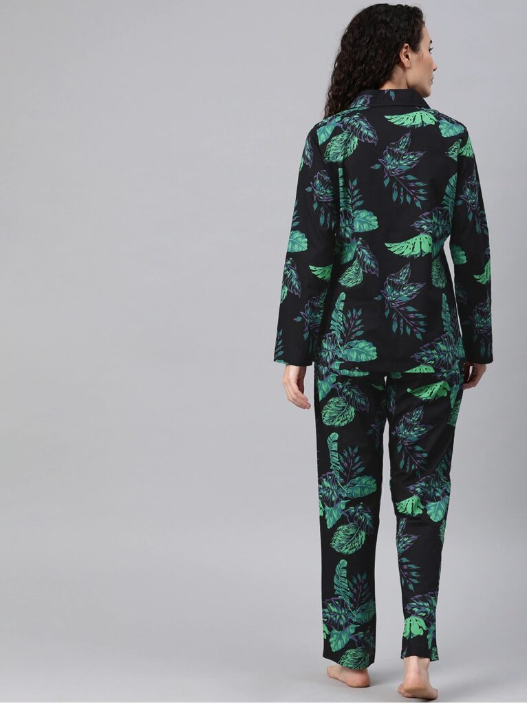 Women Black &amp; Green Tropical Flora Printed Night Suit