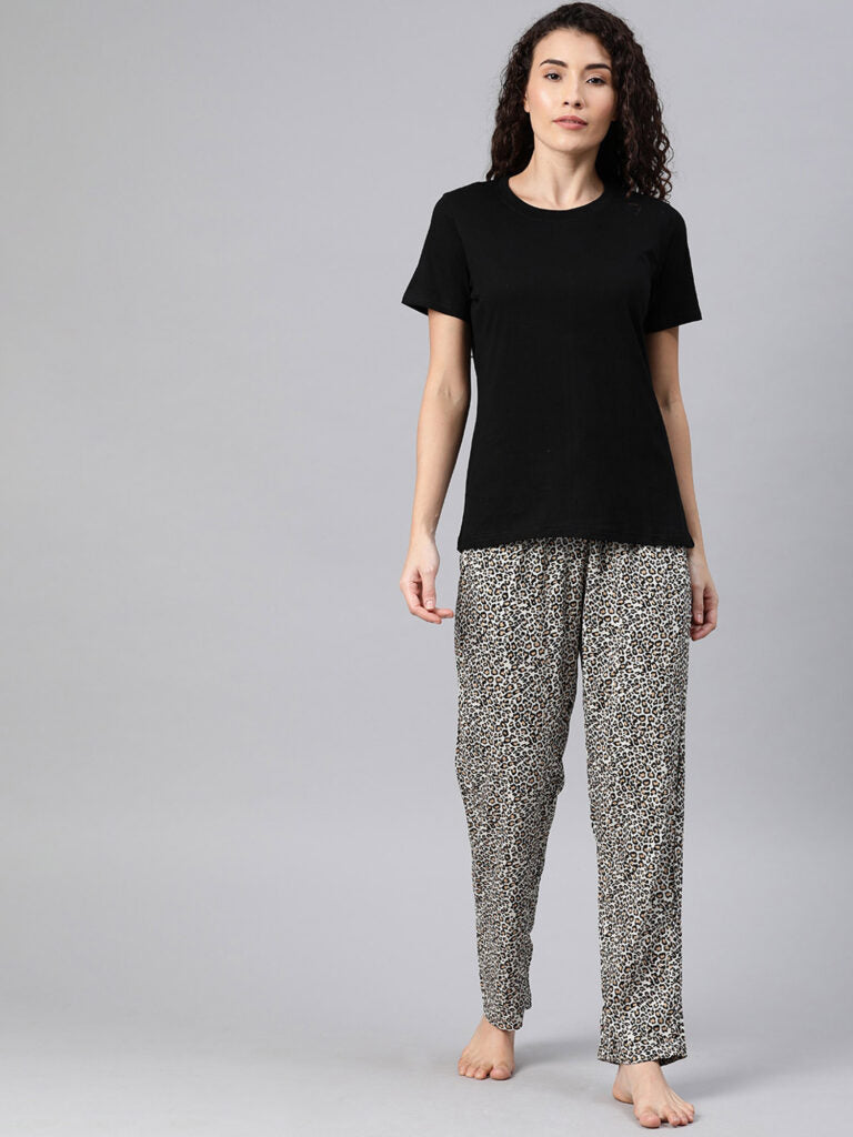 Women Black &amp; Beige Solid Night Suit With Leopard Print Bottomwear