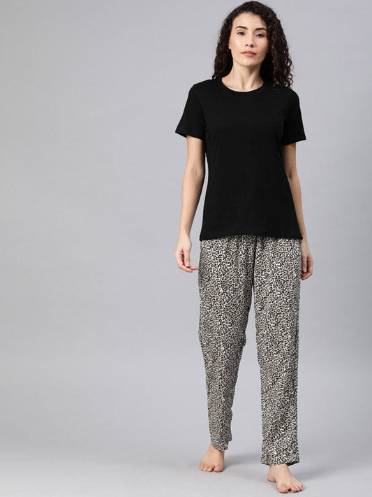 Women Black &amp; Beige Solid Night Suit With Leopard Print Bottomwear