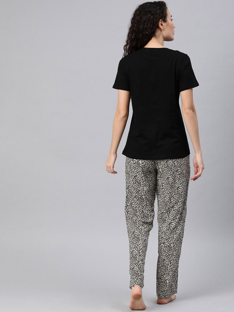 Women Black &amp; Beige Solid Night Suit With Leopard Print Bottomwear