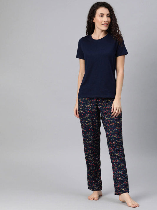 Women Navy Blue Solid Night Suit With Floral Print Bottomwear