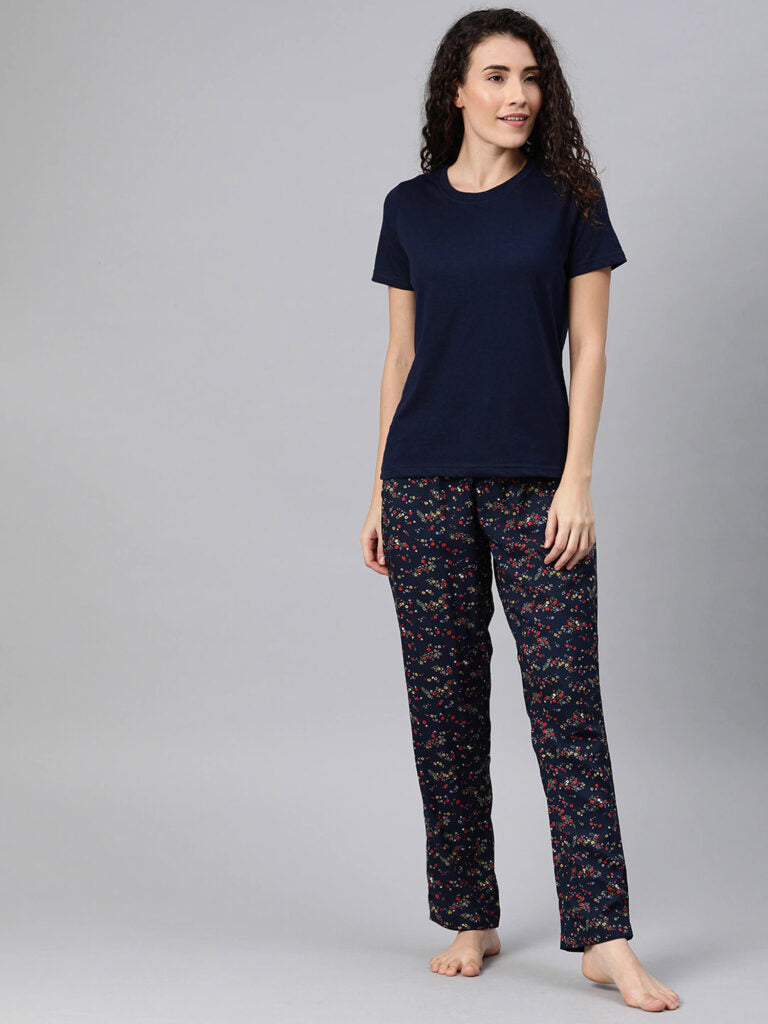 Women Navy Blue Solid Night Suit With Floral Print Bottomwear