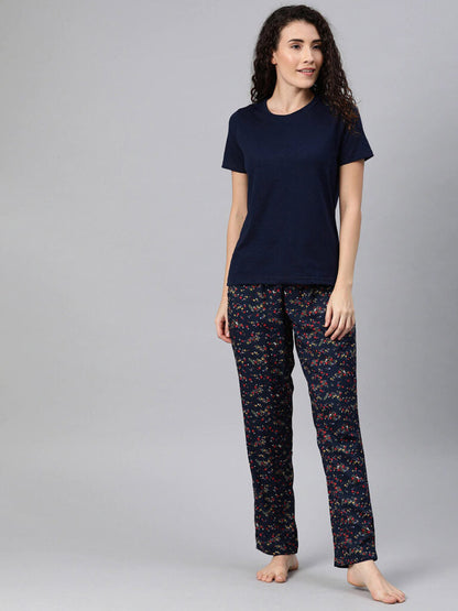 Women Navy Blue Solid Night Suit With Floral Print Bottomwear