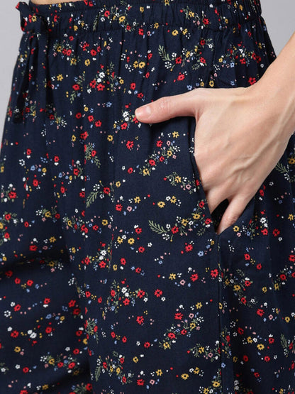 Women Navy Blue Solid Night Suit With Floral Print Bottomwear