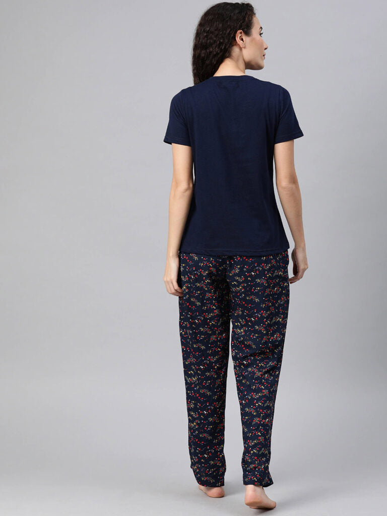 Women Navy Blue Solid Night Suit With Floral Print Bottomwear