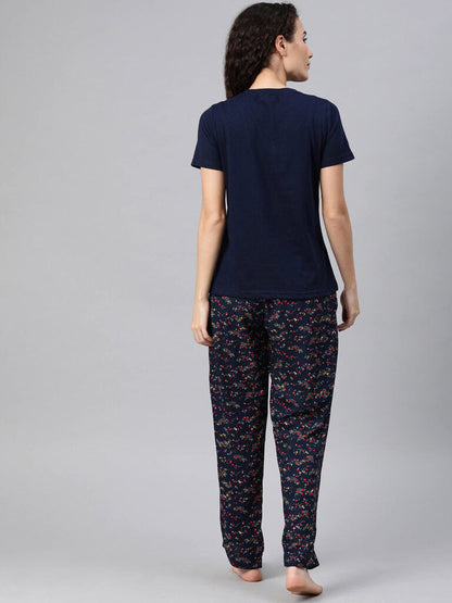 Women Navy Blue Solid Night Suit With Floral Print Bottomwear