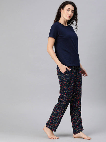 Women Navy Blue Solid Night Suit With Floral Print Bottomwear