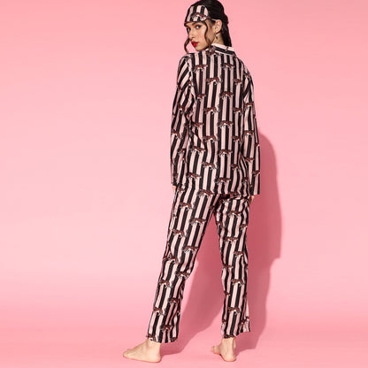 Lapel Collar Striped Printed Night suit