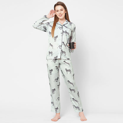Women Zebra Print Satin Night Suit - Grey