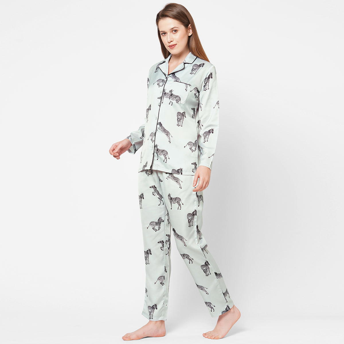 Women Zebra Print Satin Night Suit - Grey