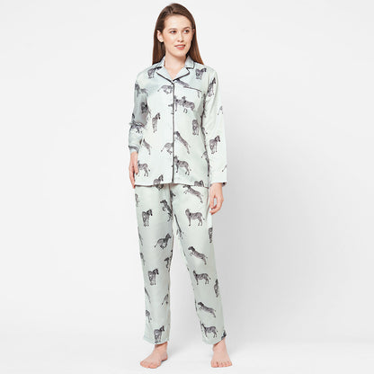 Women Zebra Print Satin Night Suit - Grey