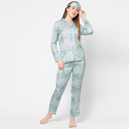 Women Rohmbus Print Satin Night Suit - Blue