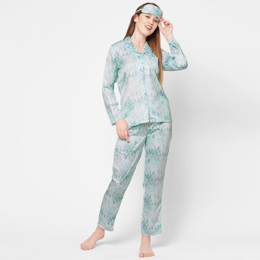 Women Rohmbus Print Satin Night Suit - Blue