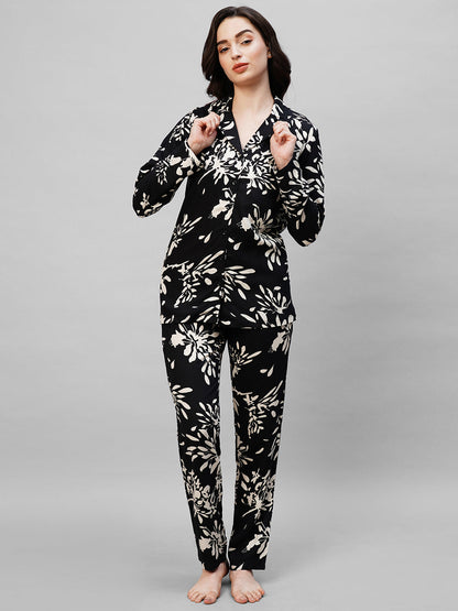 Black Floral Printed Pure Cotton Night suit