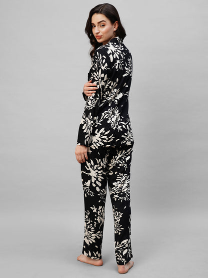 Black Floral Printed Pure Cotton Night suit