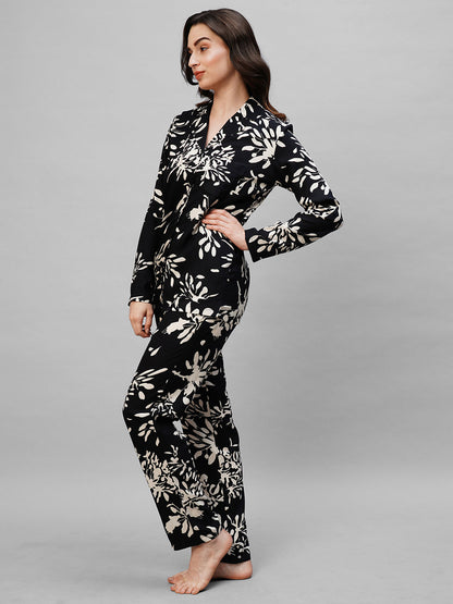 Black Floral Printed Pure Cotton Night suit