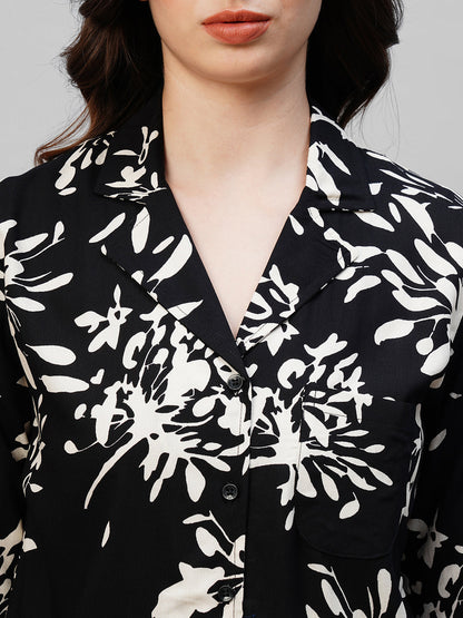 Black Floral Printed Pure Cotton Night suit