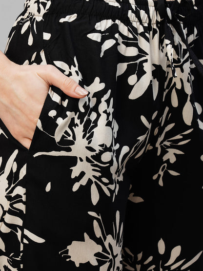 Black Floral Printed Pure Cotton Night suit