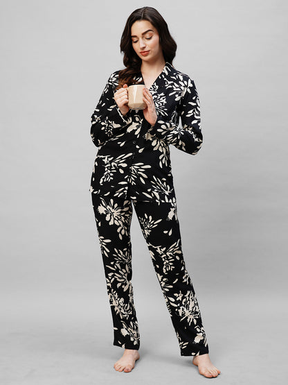 Black Floral Printed Pure Cotton Night suit