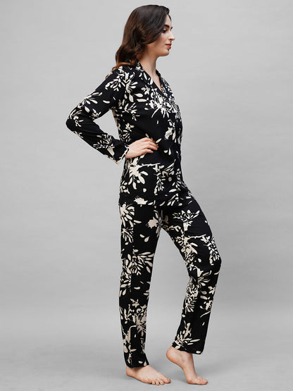 Black Floral Printed Pure Cotton Night suit