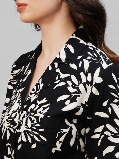 Black Floral Printed Pure Cotton Night suit