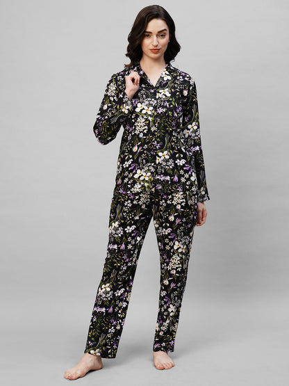 Black Floral Printed Pure Cotton Night suit