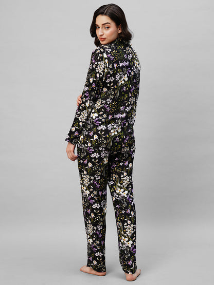 Black Floral Printed Pure Cotton Night suit