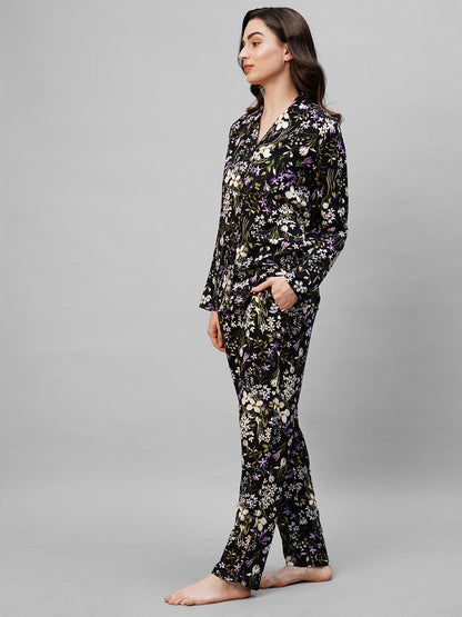 Black Floral Printed Pure Cotton Night suit