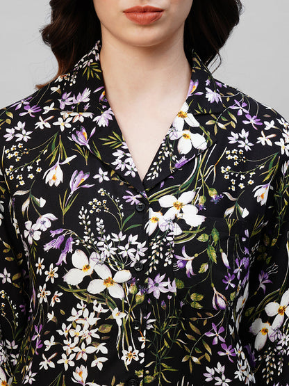 Black Floral Printed Pure Cotton Night suit