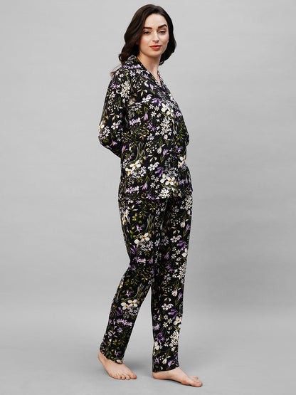 Black Floral Printed Pure Cotton Night suit