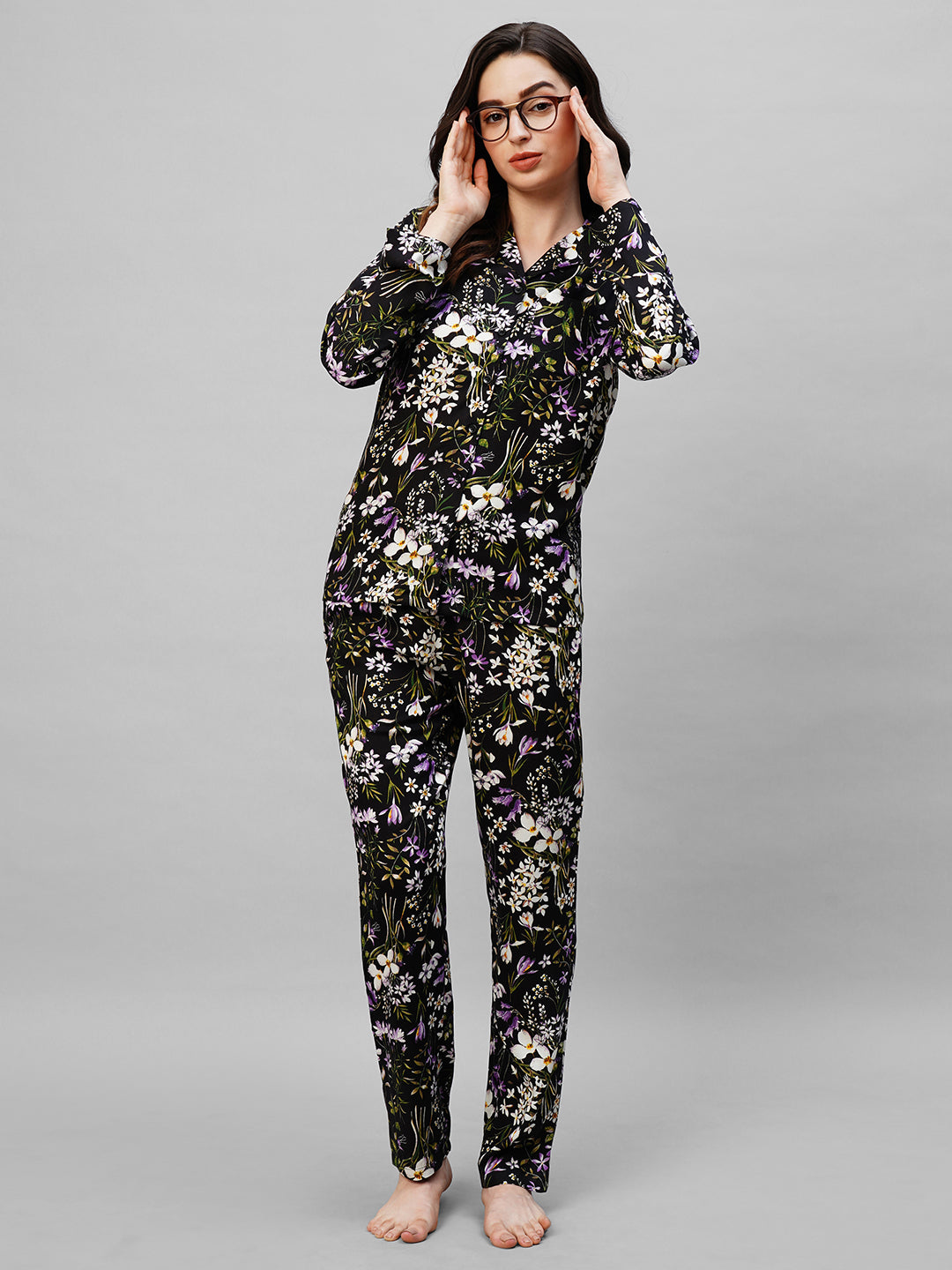 Black Floral Printed Pure Cotton Night suit