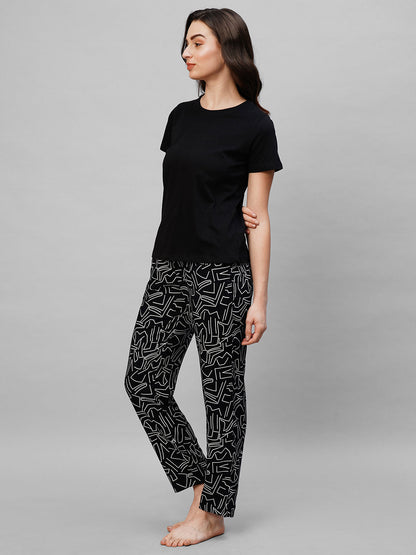 Black Printed Pure Cotton Night suit