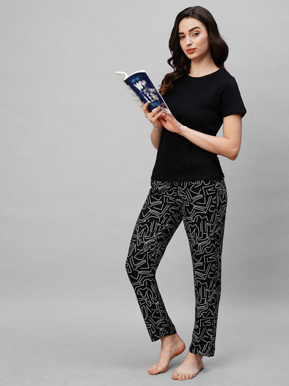 Black Printed Pure Cotton Night suit