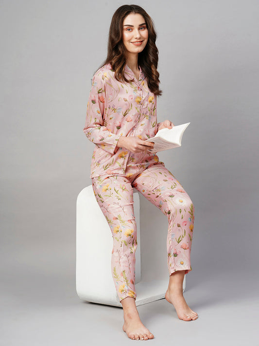 Floral Printed Satin Night suit