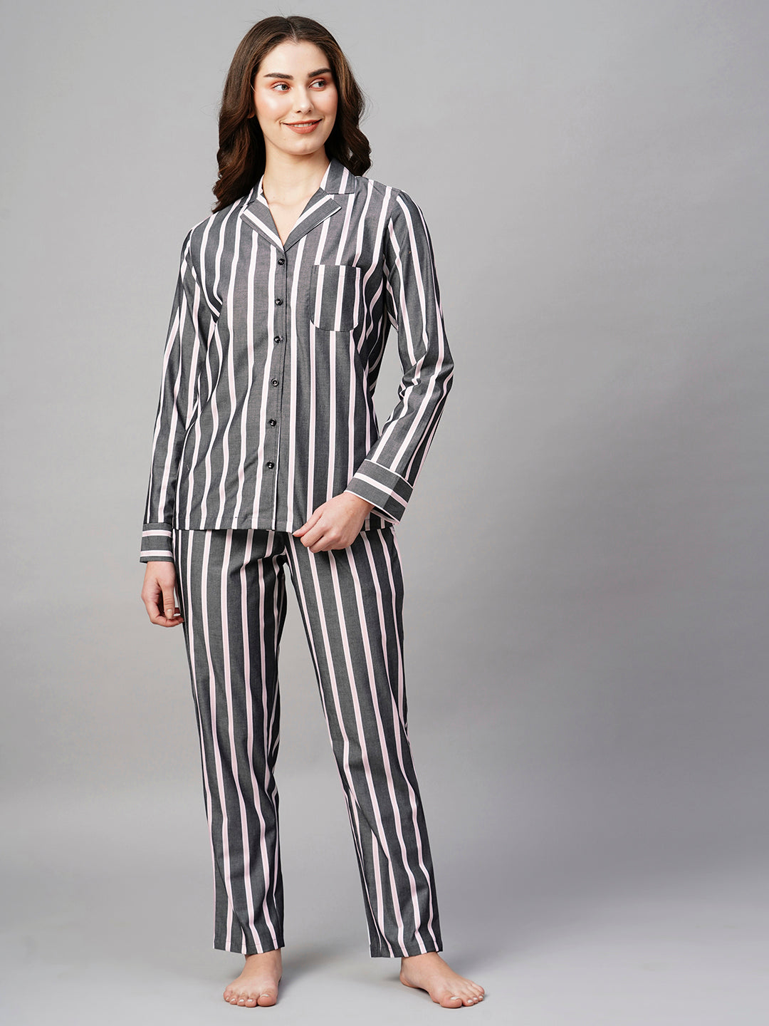 Women's Grey Pink Lining Night Suit