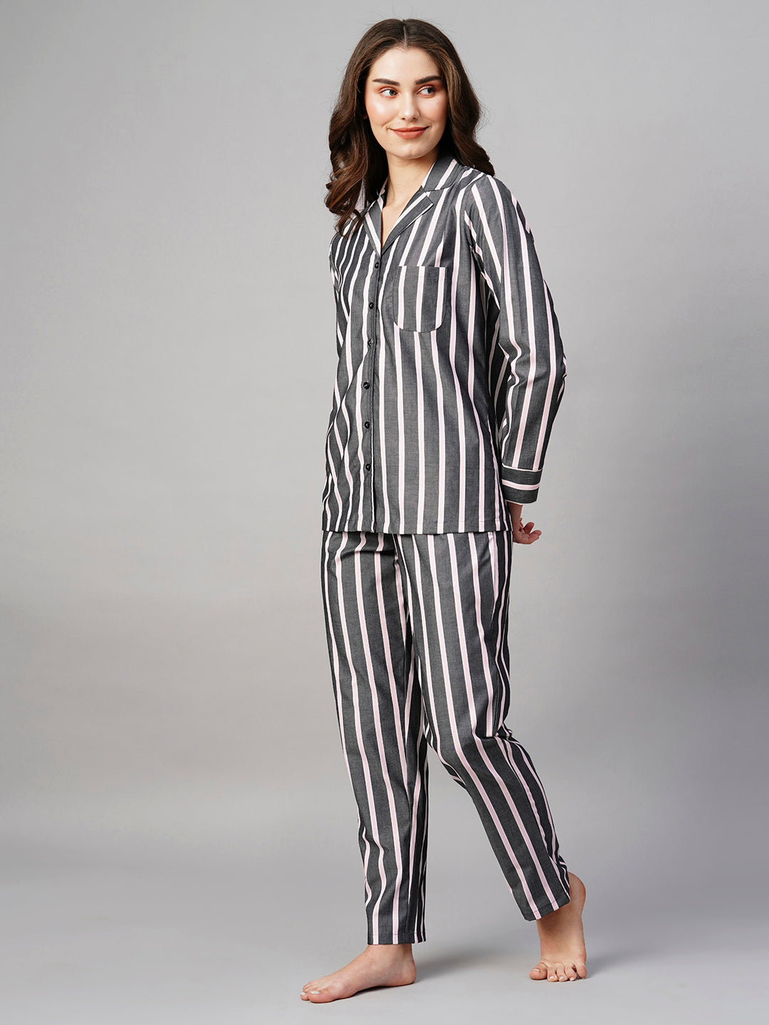 Women's Grey Pink Lining Night Suit