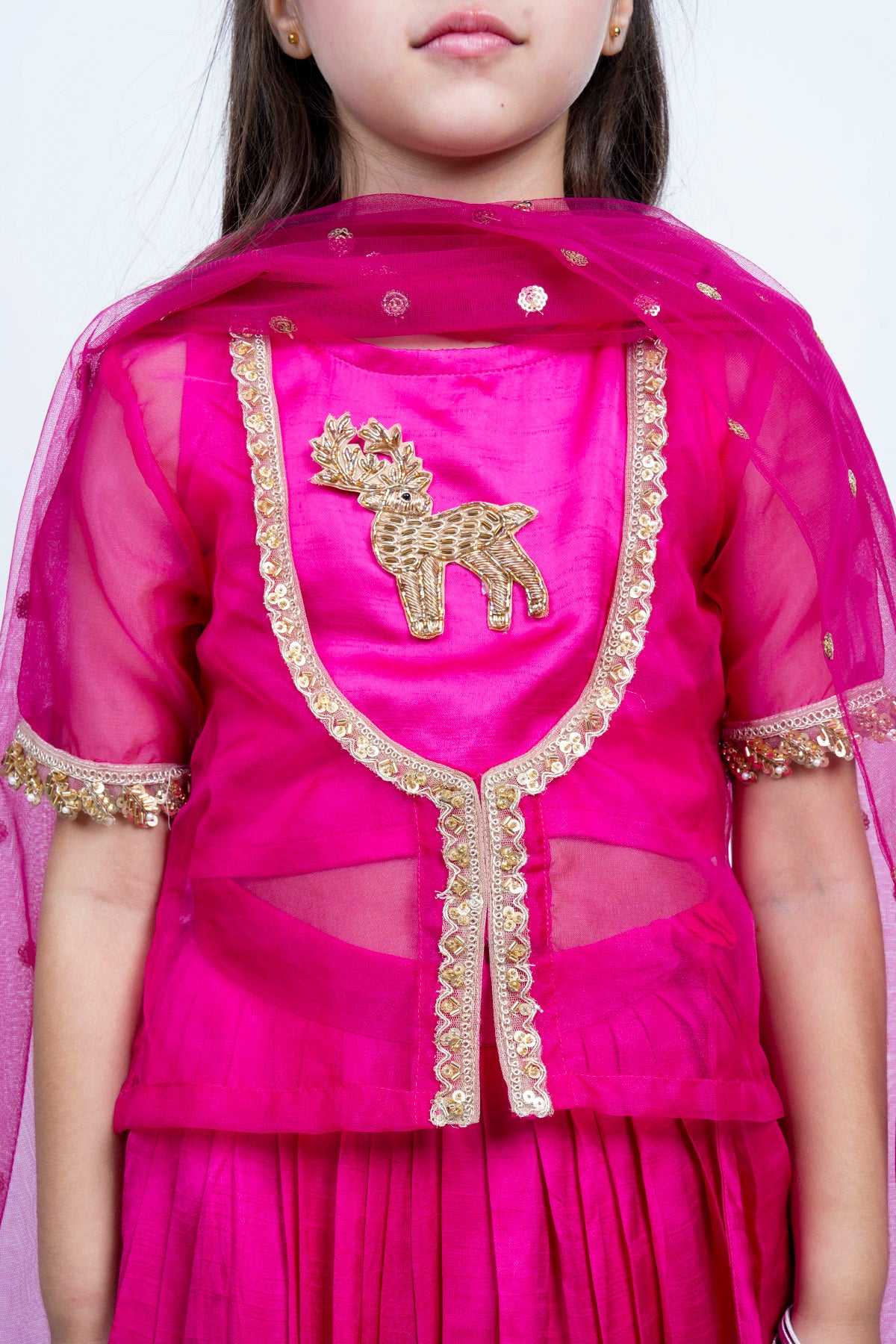 Piccolo Fuchsia Organza Embellished Kachli, Top, Lehenga & Net Dupatta Set