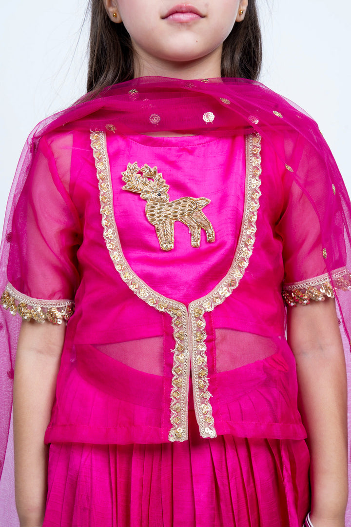 Piccolo Fuchsia Organza Embellished Kachli, Top, Lehenga & Net Dupatta Set