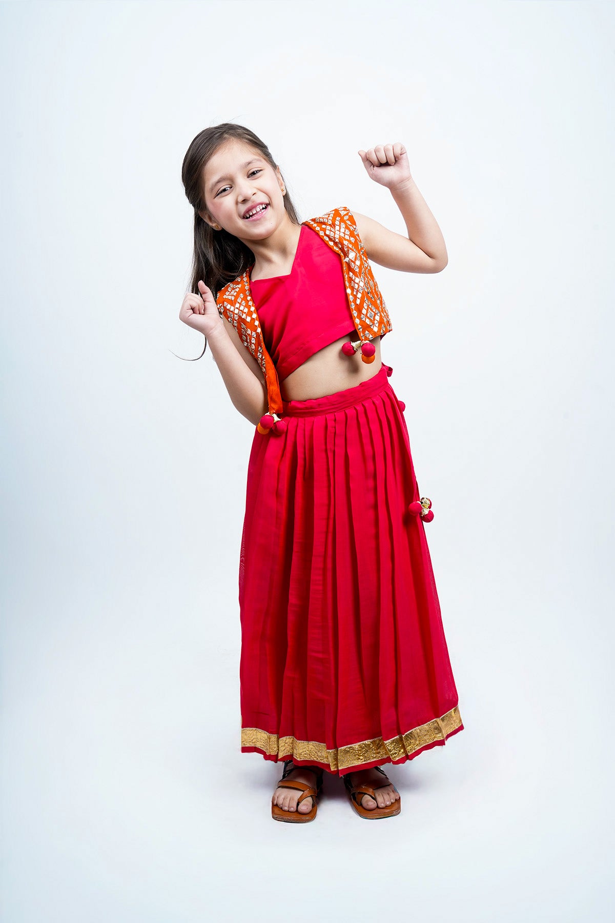 Piccolo Mirror-Work Kachli & Top With Lehenga Set-Red