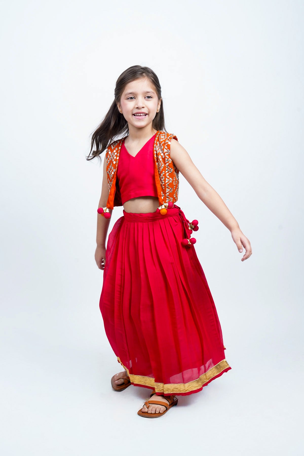 Piccolo Mirror-Work Kachli & Top With Lehenga Set-Red