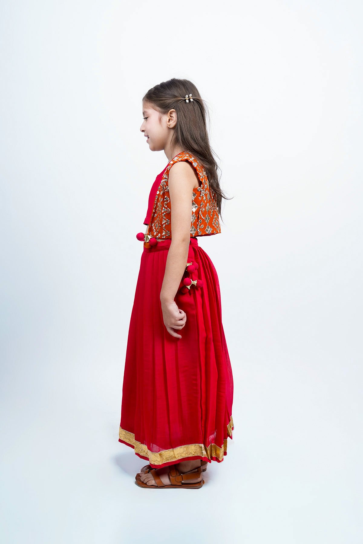 Piccolo Mirror-Work Kachli & Top With Lehenga Set-Red