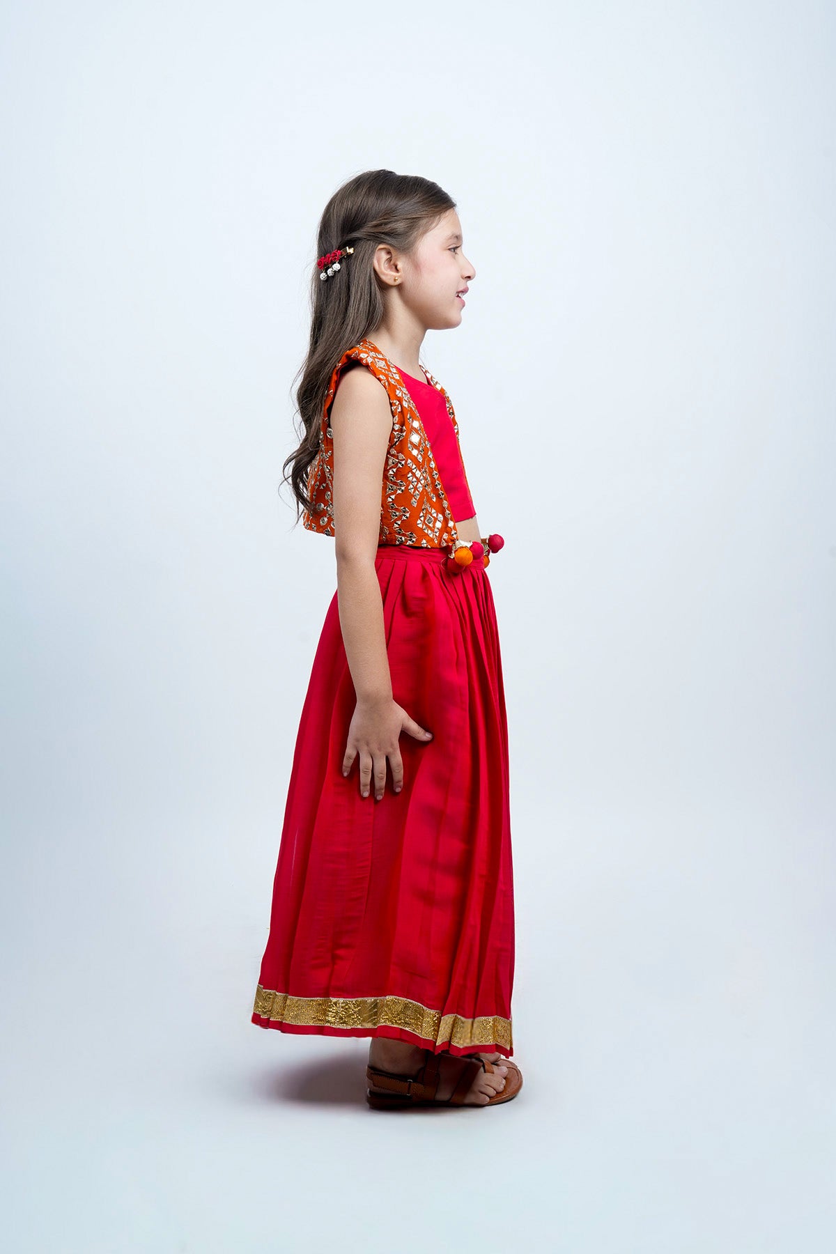 Piccolo Mirror-Work Kachli & Top With Lehenga Set-Red