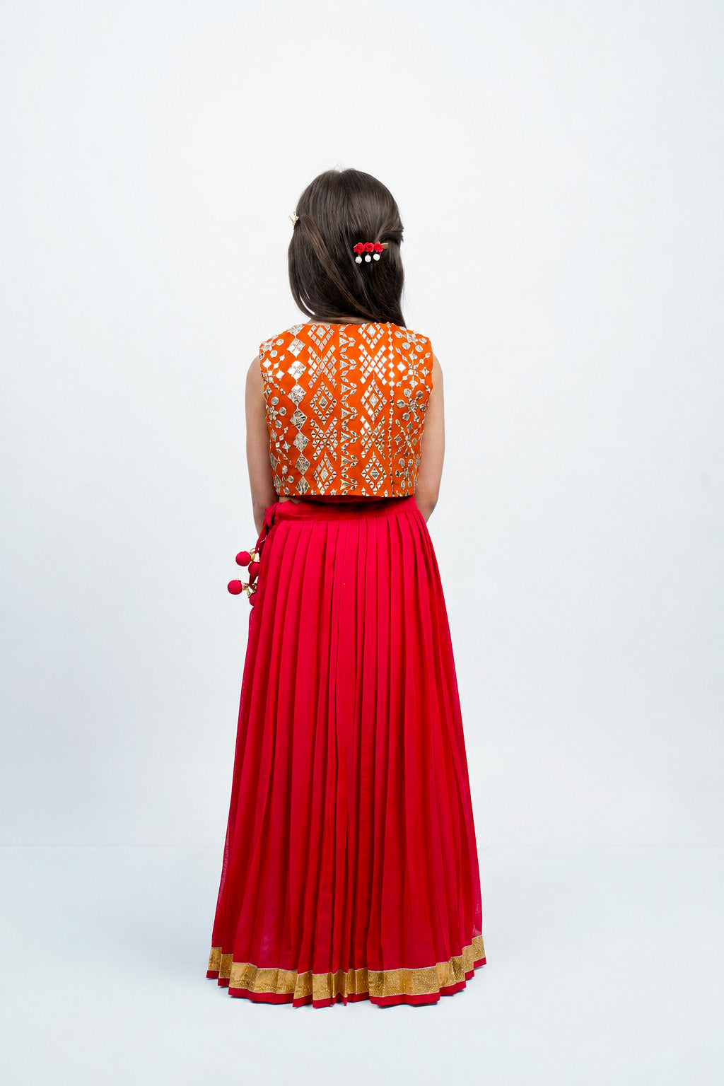 Piccolo Mirror-Work Kachli & Top With Lehenga Set-Red