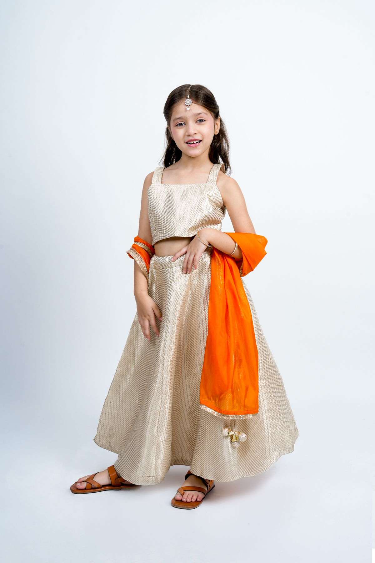 PICCOLO Silk Brocade Lehenga Choli Set with Orange Dupatta- Golden