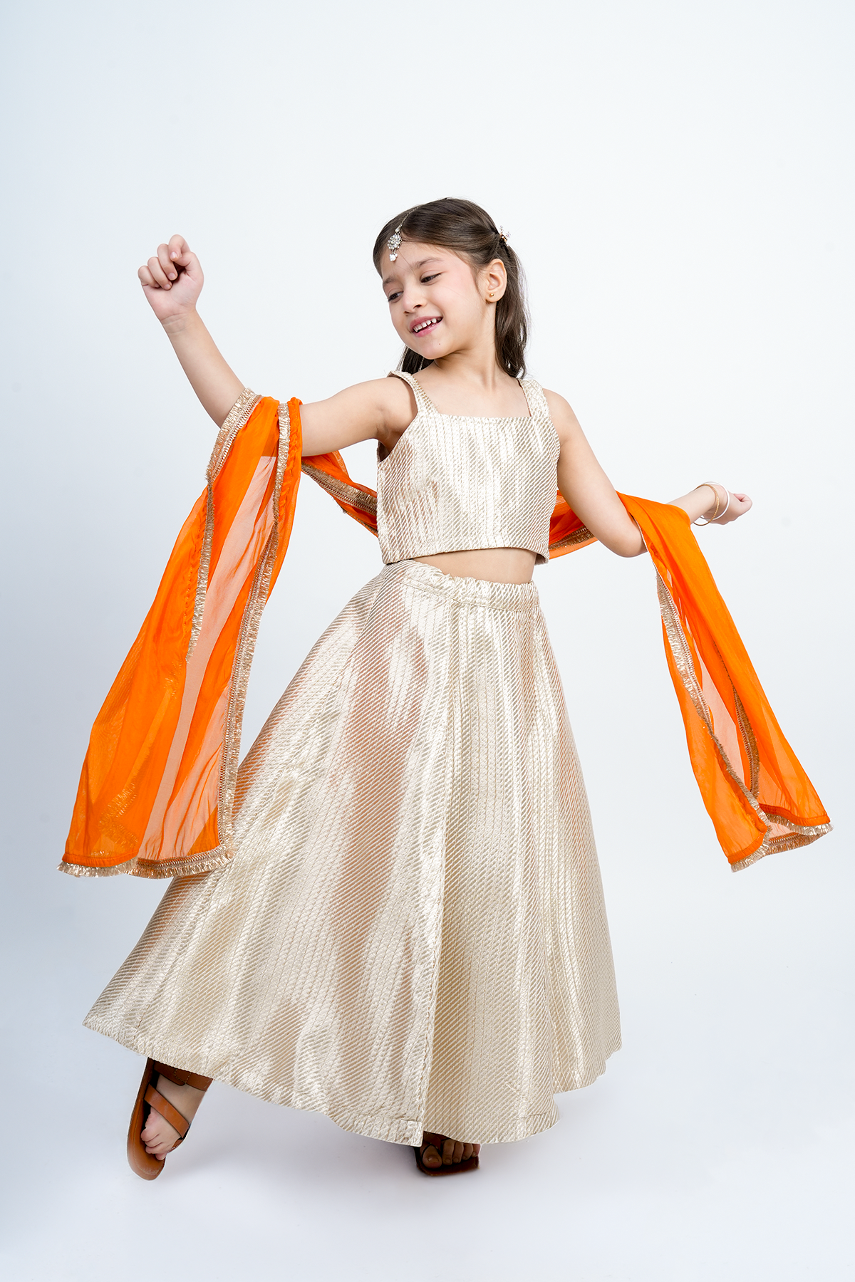 PICCOLO Silk Brocade Lehenga Choli Set with Orange Dupatta- Golden