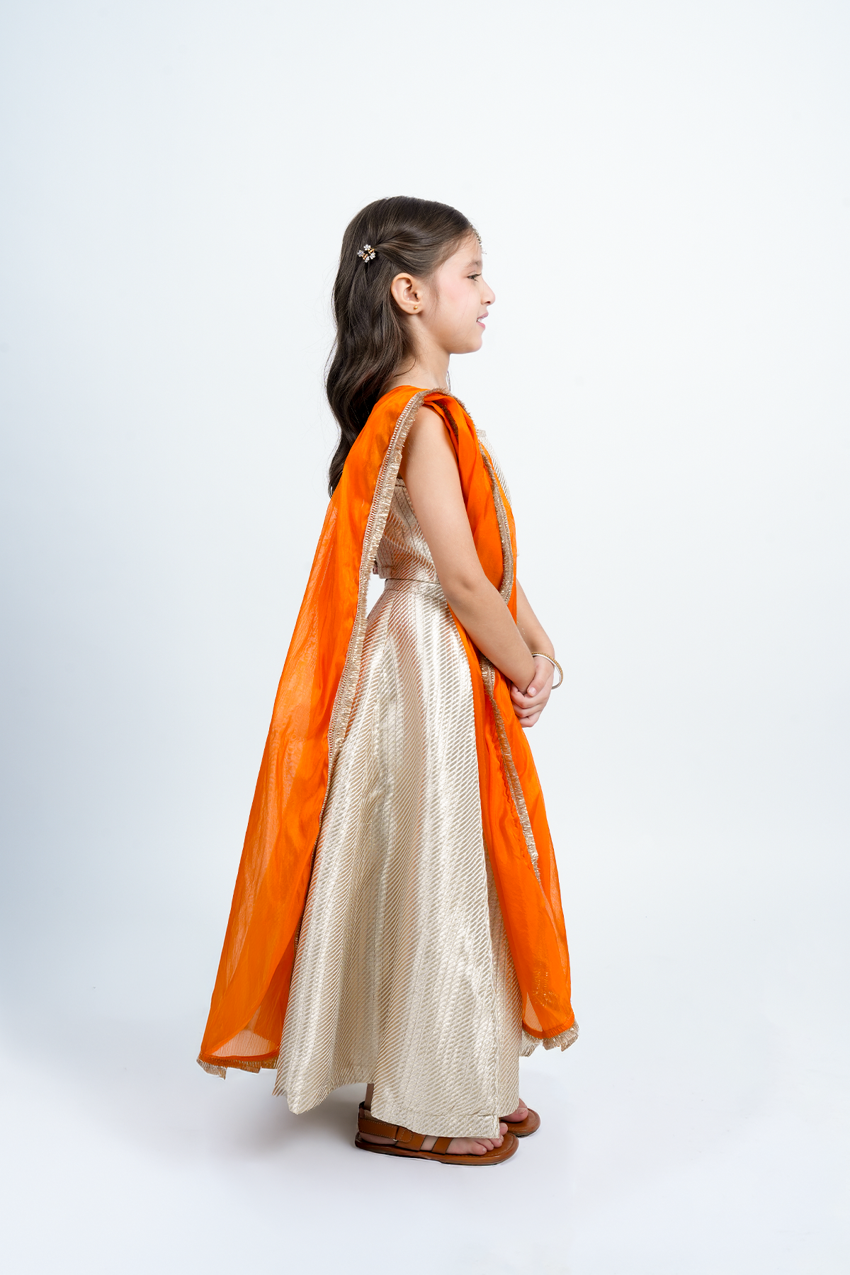 PICCOLO Silk Brocade Lehenga Choli Set with Orange Dupatta- Golden
