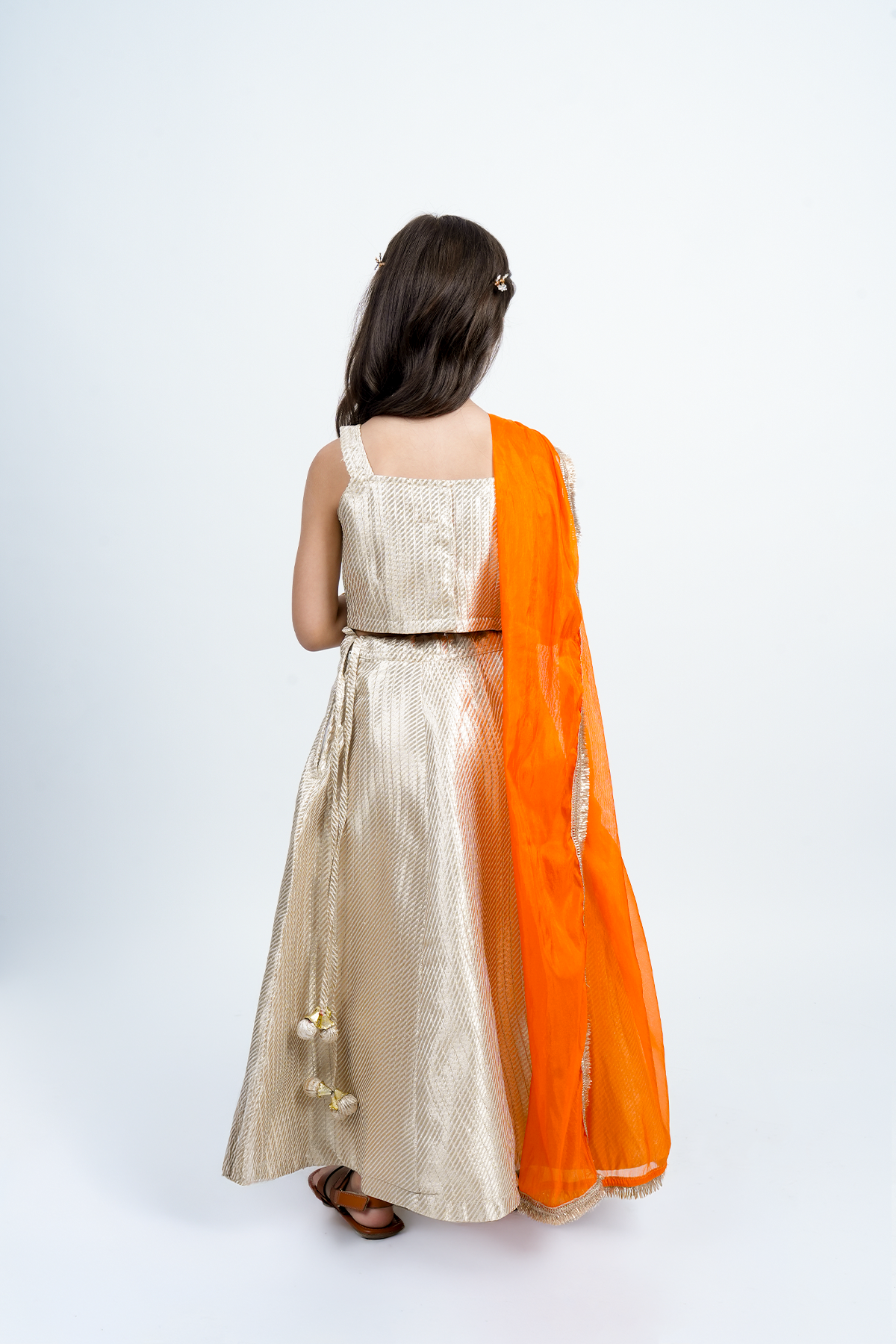 PICCOLO Silk Brocade Lehenga Choli Set with Orange Dupatta- Golden
