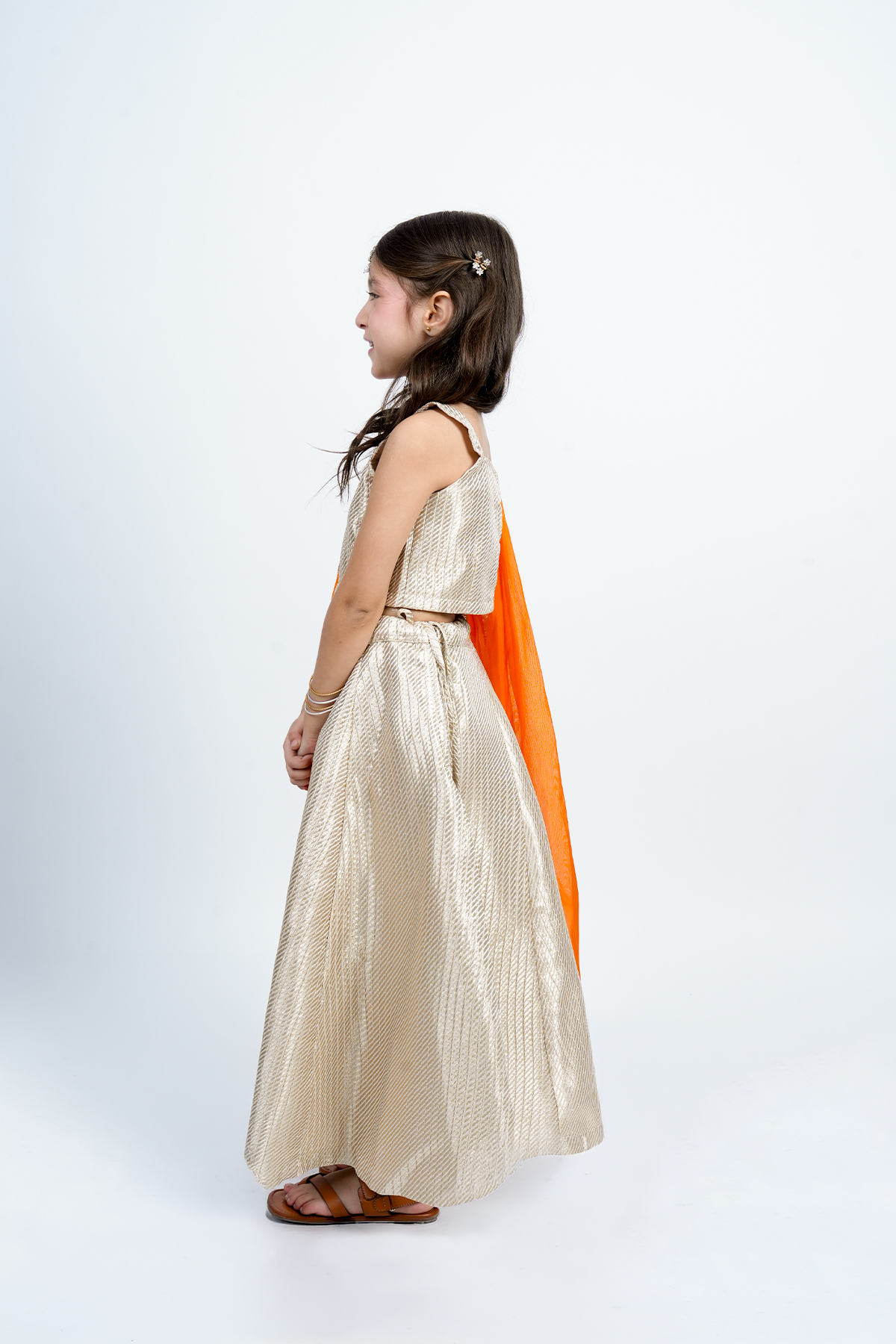 PICCOLO Silk Brocade Lehenga Choli Set with Orange Dupatta- Golden