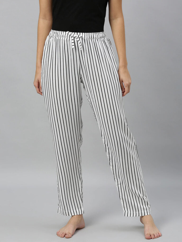 Women White &amp; Black Striped Relaxed Fit Lounge Pants