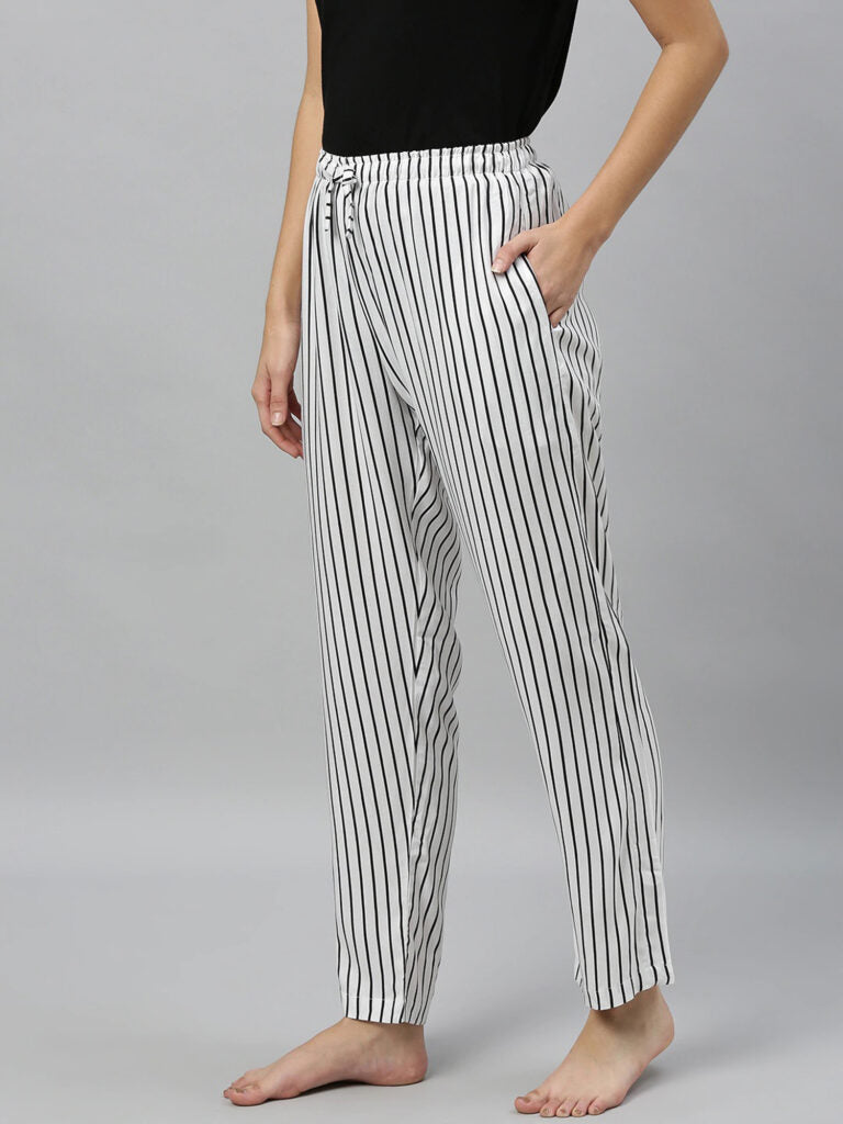 Women White &amp; Black Striped Relaxed Fit Lounge Pants